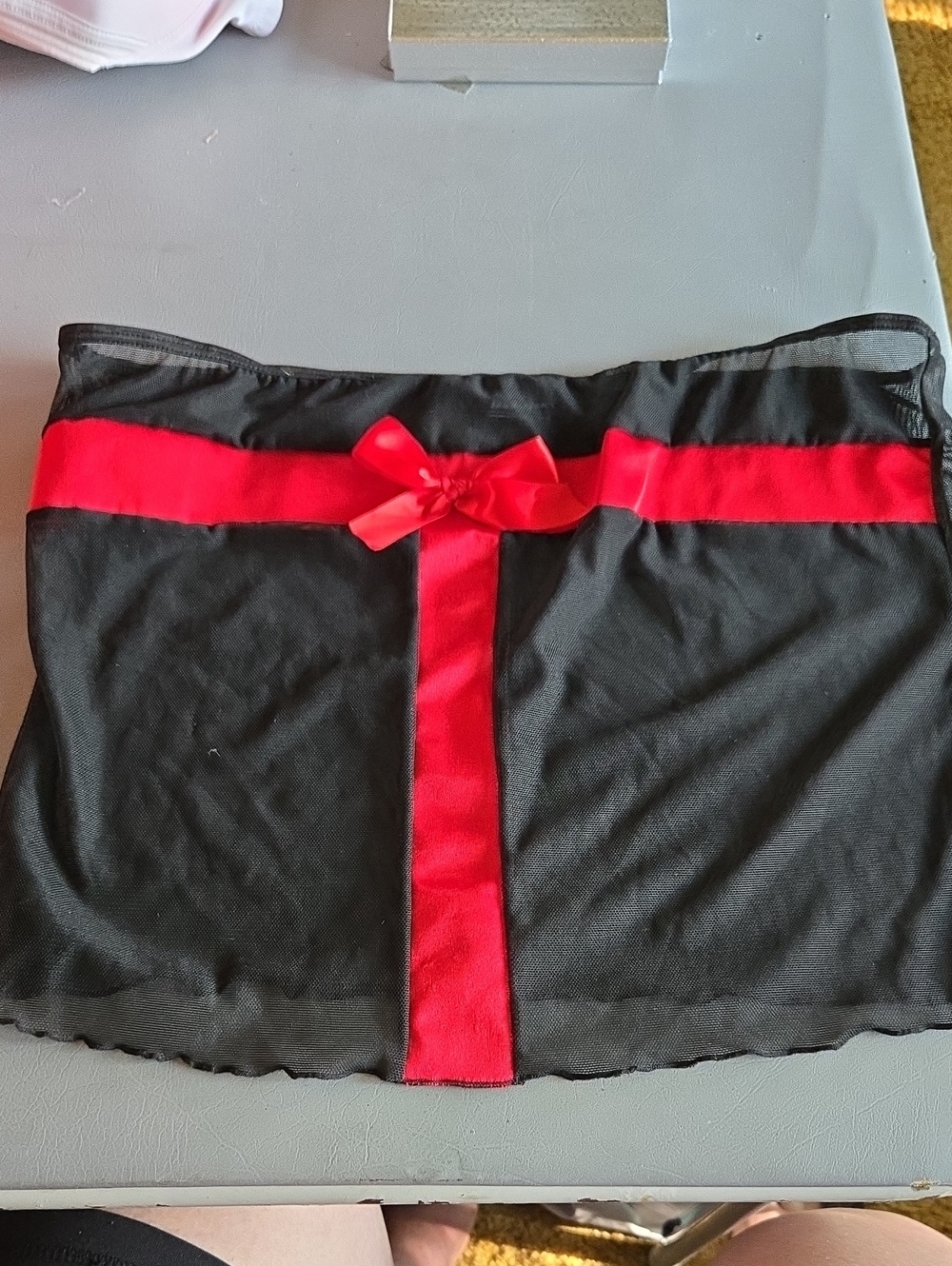 Frederick's of Hollywood Black Sheer Slip Top with Red Satin Bow Trim
